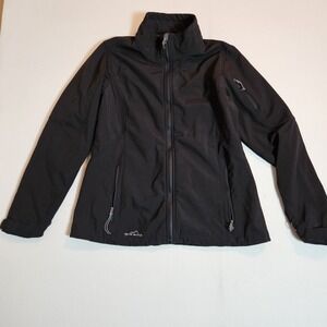 Eddie Bauer Soft Shell Jacket Women L Black‎ Zip Fleece Lined Removed Logo
